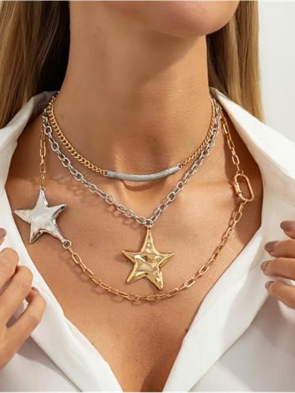 Layered Gold Silver Necklace Star Heart Tassel Two Tone Statement Choker
